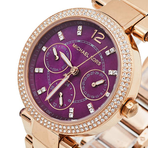 Michael Kors Parker Chronograph Purple Dial Rose Gold Steel Strap Watch For Women - MK6417
