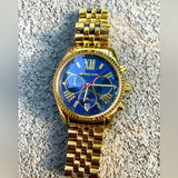 Michael Kors Lexington Chronograph Blue Dial Gold Steel Strap Watch For Women - MK6206