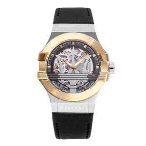Maserati Potenza Automatic Skeleton Dial Black Leather Strap Watch For Men - R8821108011
