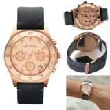 Marc Jacobs Blade Chronograph Rose Gold Dial Black Leather Strap Watch for Women - MBM1188