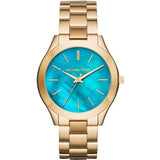 Michael Kors Slim Runway Blue Dial Gold Steel Strap Watch for Women - MK3265