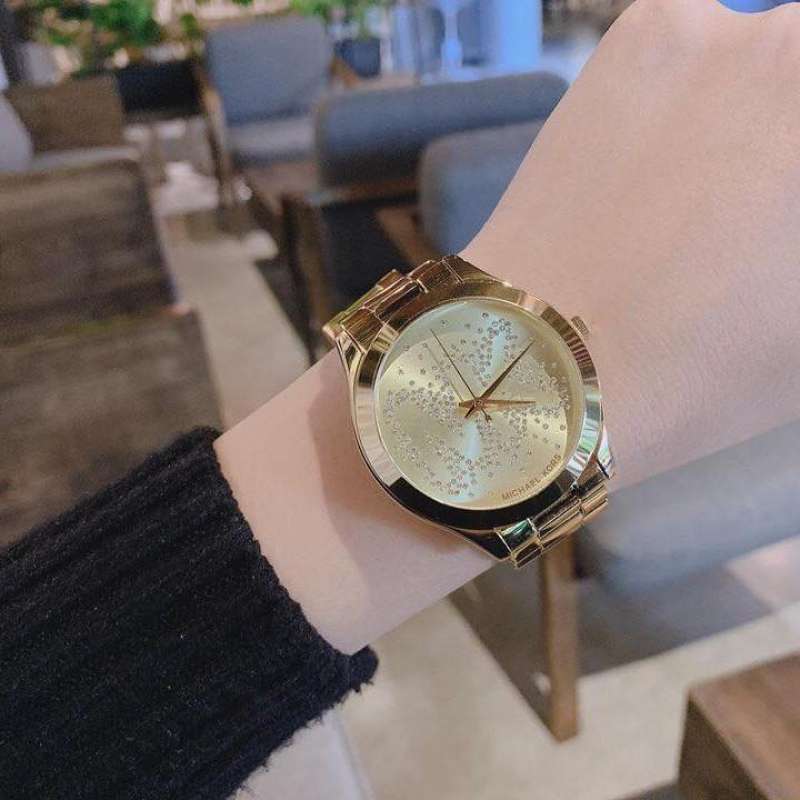 Michael Kors Slim Runway Gold Dial Gold Steel Strap Watch for Women - MK3590