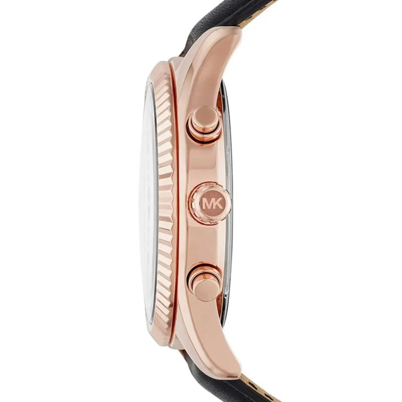 Michael Kors Lexington Chronograph Rose Gold Dial Black Leather Strap Watch For Men - MK8516