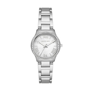 Michael Kors Sage Three-Hand Mother of Pearl White Dial Silver Steel Strap Watch for Women - MK4824
