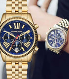 Michael Kors Lexington Chronograph Blue Dial Gold Steel Strap Watch For Women - MK6206