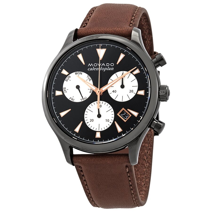 Movado Heritage Calendoplan Chronograph Black Dial Brown Leather Strap Watch for Men - 3650022