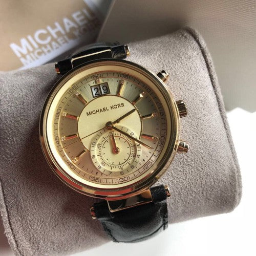Michael Kors Sawyer Champagne Dial Black Leather Strap Watch for Women - MK2433
