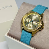 Michael Kors Mini Pilot Quartz Gold Dial Blue Silicone Strap Watch For Women - MK7374