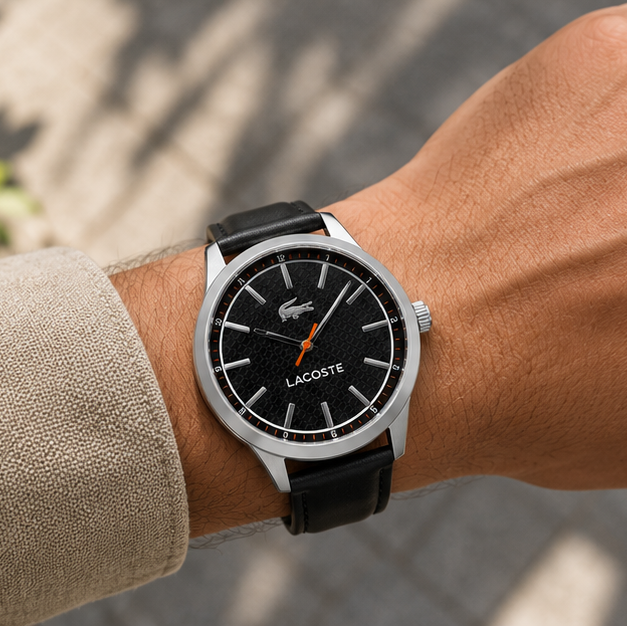Lacoste Edmonton Black Dial Black Leather Strap Watch for Men - 2010888