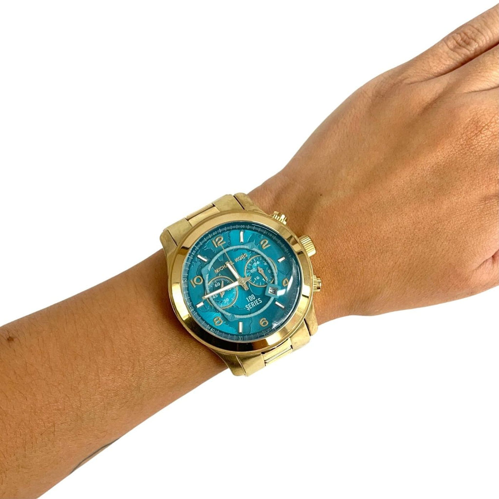 Michael Kors Runway Stop Hunger Blue Dial Gold Steel Strap Watch for Men - MK8315
