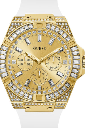 Guess Baguette Crystals Gold Dial White Silicone Strap Watch For Men - GW0208G3