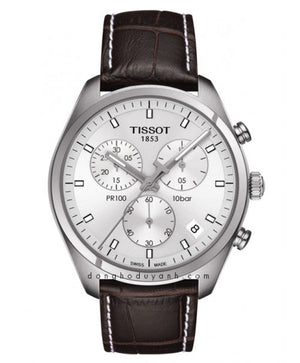 Tissot PR 100 Chronograph Silver Dial Brown Leather Strap Watch for Men - T101.417.16.031.00