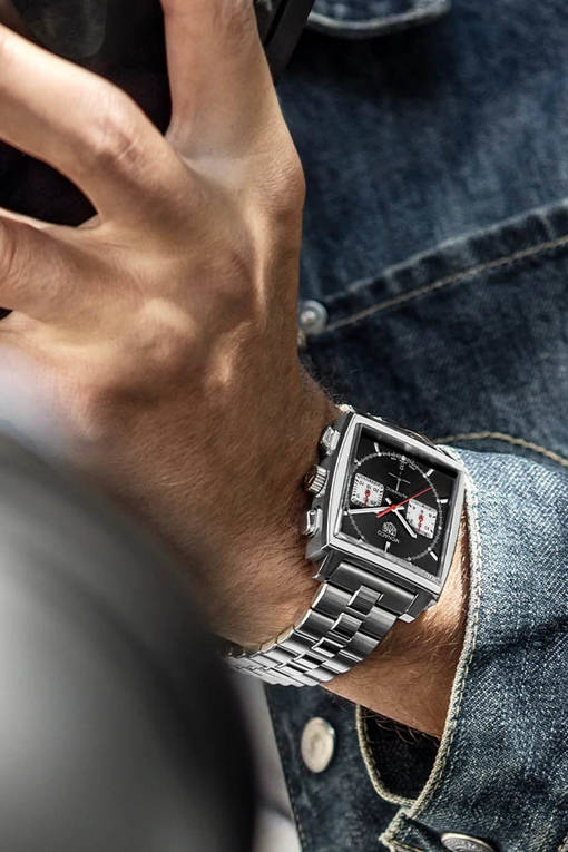 Tag Heuer Monaco Automatic Chronograph Black Dial Silver Steel Strap Watch for Men - CBL2113.BA0644