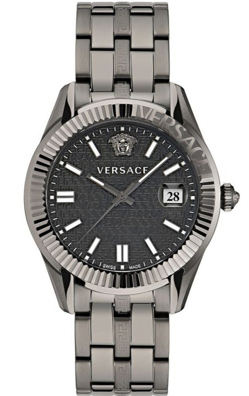 Versace Greca Time Quartz Black Dial Grey Steel Strap Watch for Men - VE3K00622